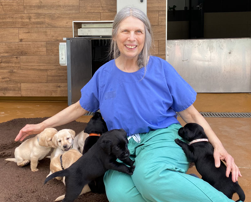 Fabienne est assise dans l'une des maternités avec plusieurs chiots autour d'elle. 