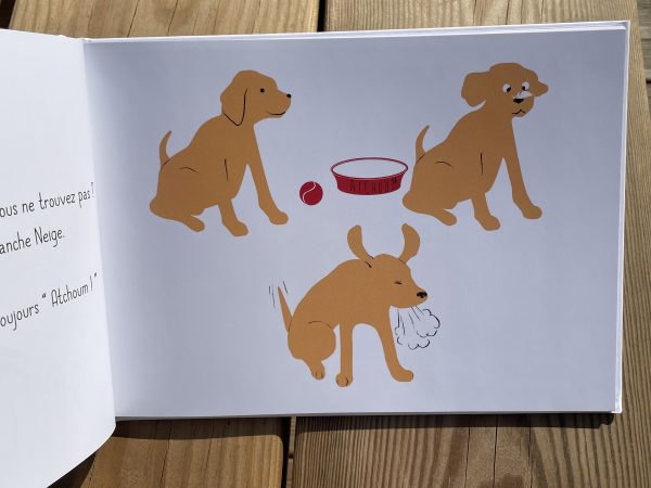 Photo d'illustration du tome 1 du livre Atchoum, avec 3 dessin d'un labrador beige assis