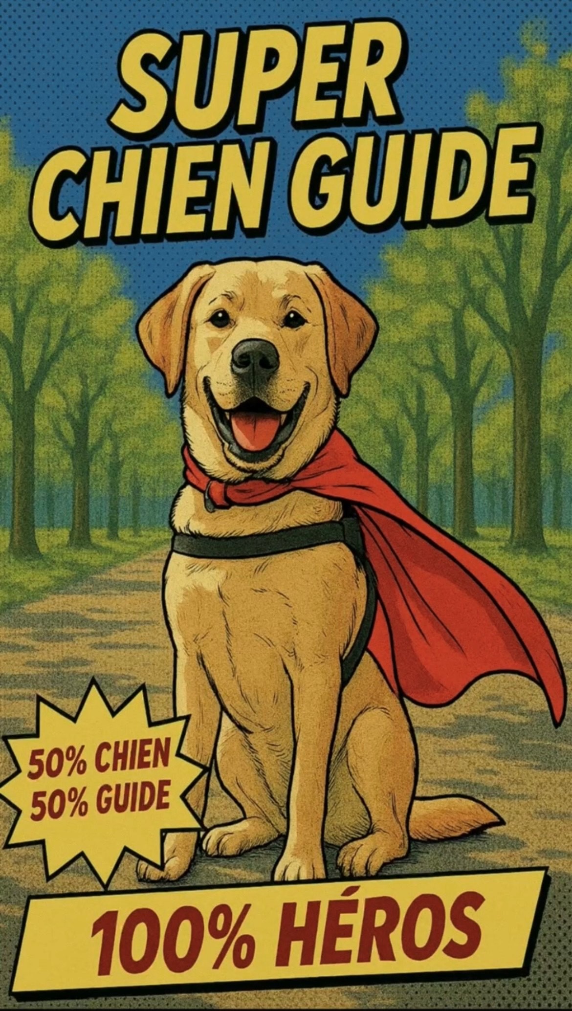 Photo au style "bande dessinée", avec au centre Vrap, un chien guide portant une cape rouge. En haut de l’image, on peut lire "Super chien guide", et en bas : "100 % héros" et "50 % chien, 50 % guide"
