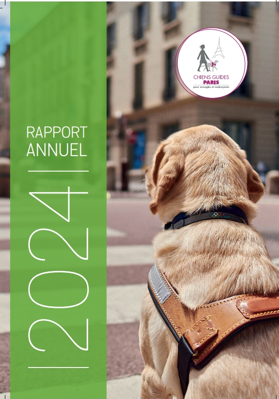 Un chien beige, assis avec son harnais. À droite, on peut lire à la verticale l’inscription « Rapport d’activité 2024 »